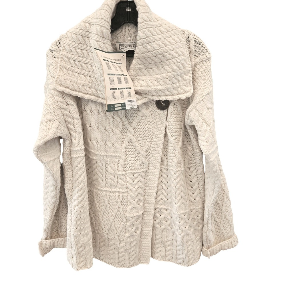Aran Sweater Market Cardigan Women Medium Cream Patchwork 1-Button Merino Wool